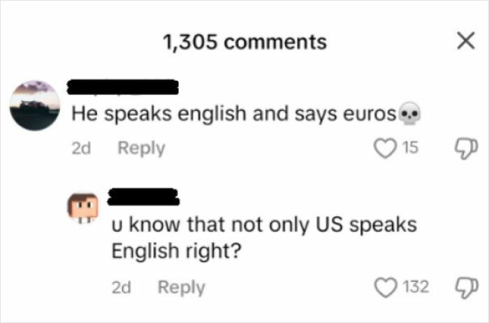 Screenshot of social media comments showcasing American ignorance in language and currency knowledge.
