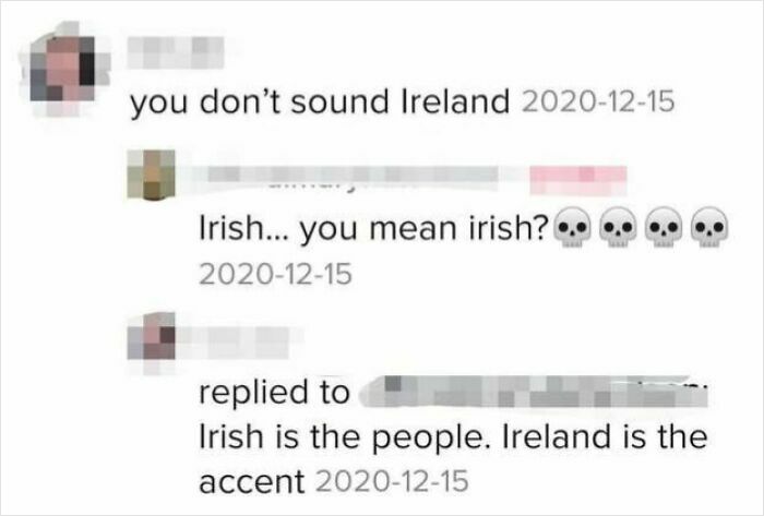 Screenshot of a social media conversation showing ignorance of Americans about the difference between Ireland and Irish.
