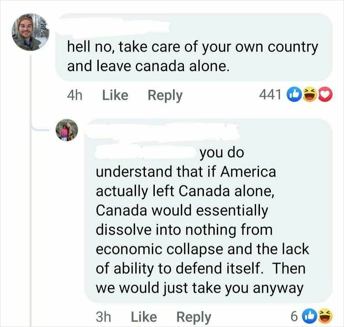 Social media conversation showing ignorance of Americans about Canada’s economy and defense in humorous comments.