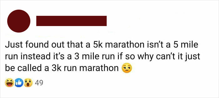 Post humorously highlighting American ignorance about the true distance of a 5k marathon run.