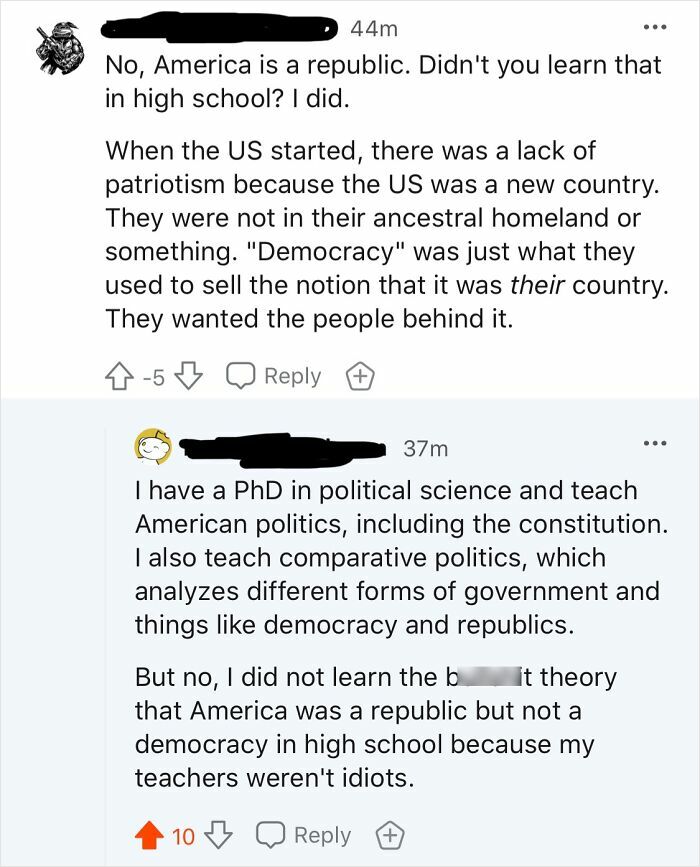 Screenshot of a social media debate showing comments highlighting ignorance of Americans on political science and government.
