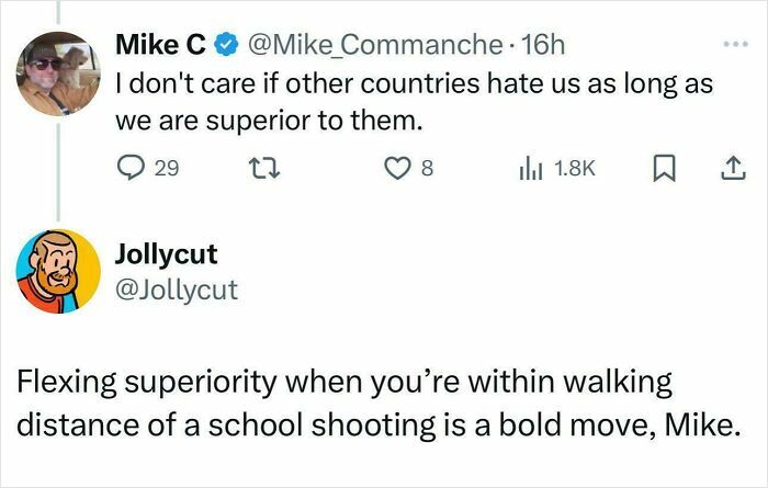Screenshot of a Twitter conversation highlighting ignorance of Americans with comments on superiority and school shootings.