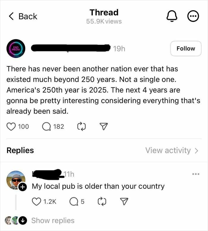 Social media thread discussing ignorance of Americans about nation's age with comment about local pub older than country.