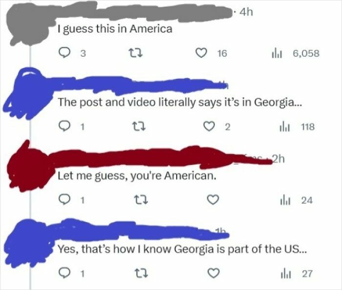 Twitter conversation showing Americans' ignorance about Georgia's location, highlighting moments when American ignorance knew no bounds.