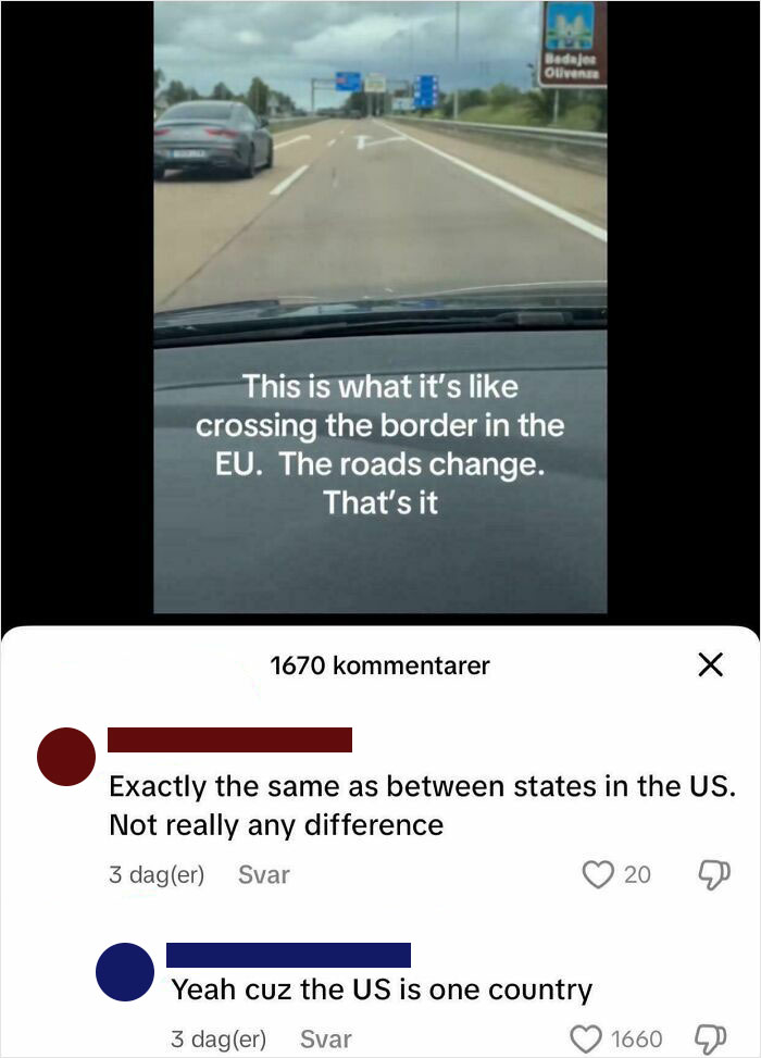 View from a car crossing an EU border with comments showing ignorance of Americans about international borders.
