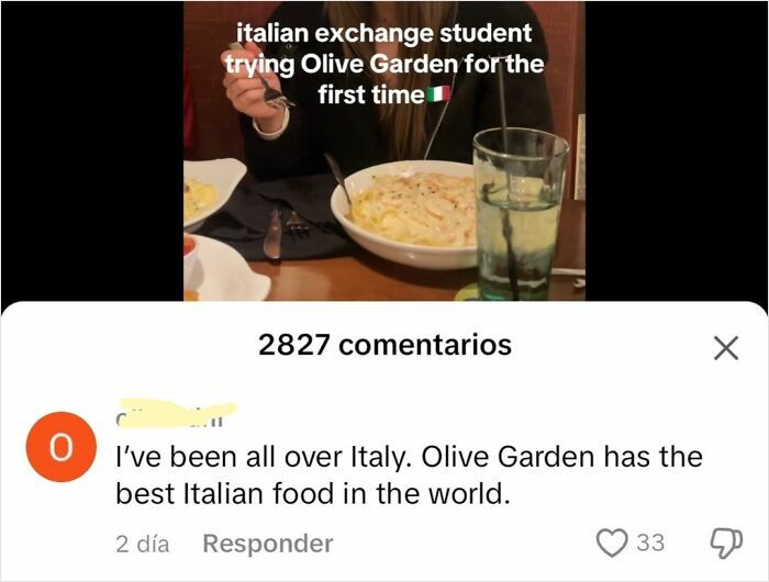 Italian exchange student trying Olive Garden pasta for first time with a humorous example of American ignorance in comments.