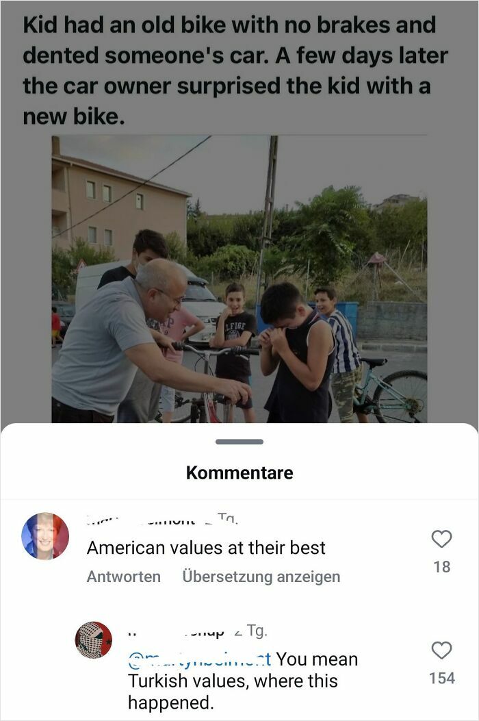 Kid receiving a new bike as a surprise after denting a car, showing a moment reflecting American ignorance humor.