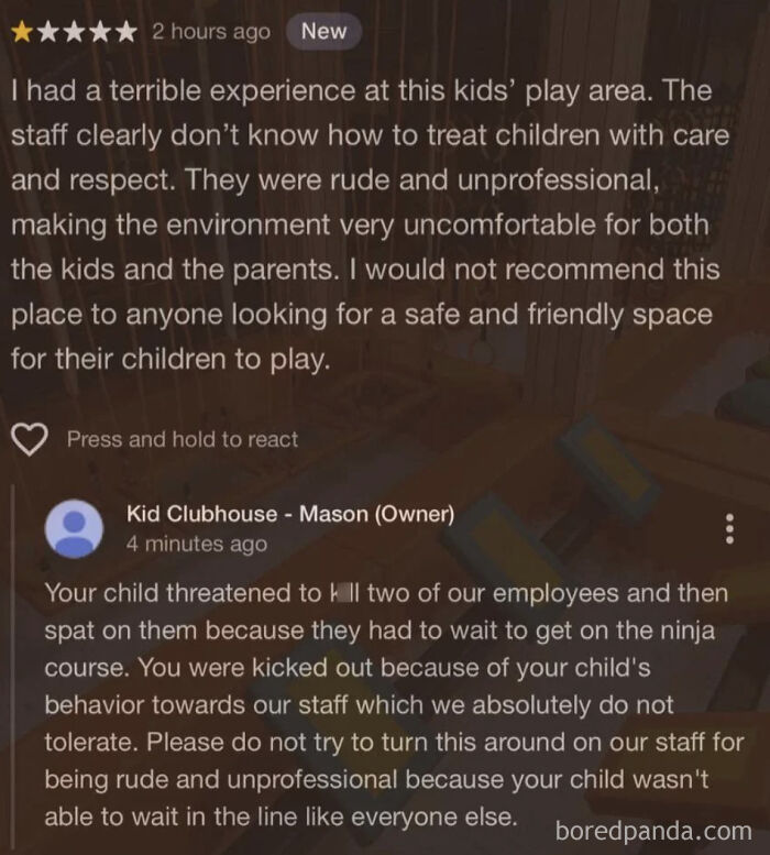 One-star absurd customer review about a kids' play area with rude staff and a harsh owner response.