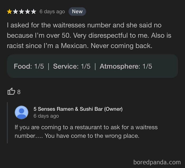 Customer leaves absurd 1-star review claiming disrespect and racism, owner responds about inappropriate request at restaurant.