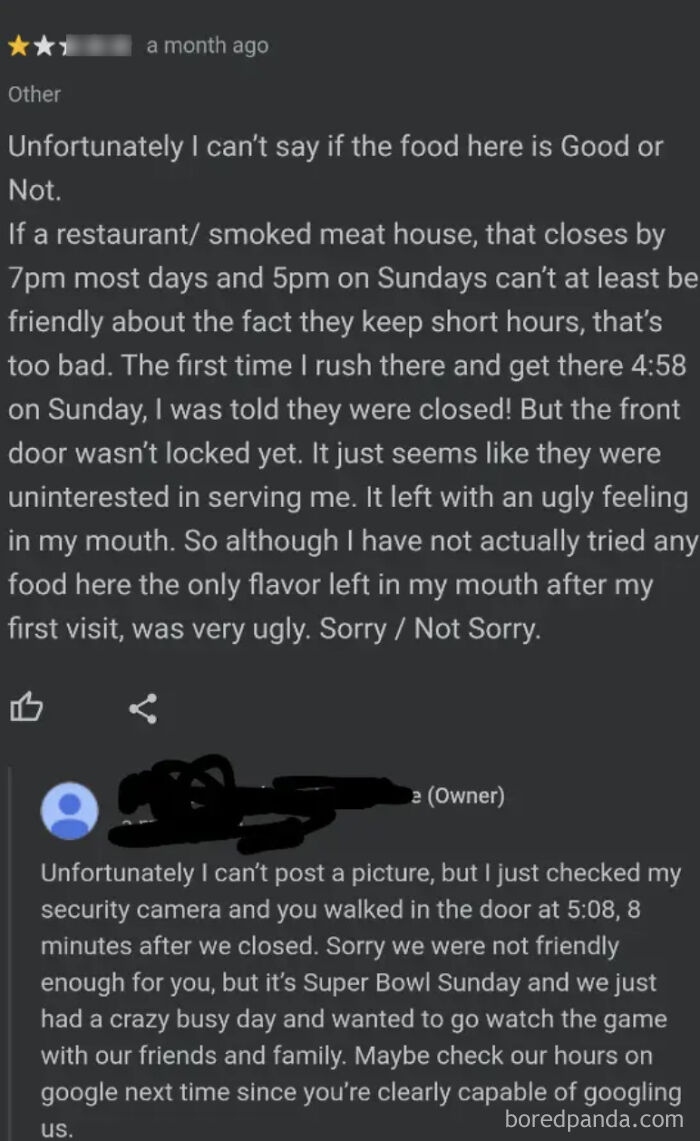 Screenshot of an absurd customer review complaining about restaurant hours and staff friendliness in entitled customer reviews.