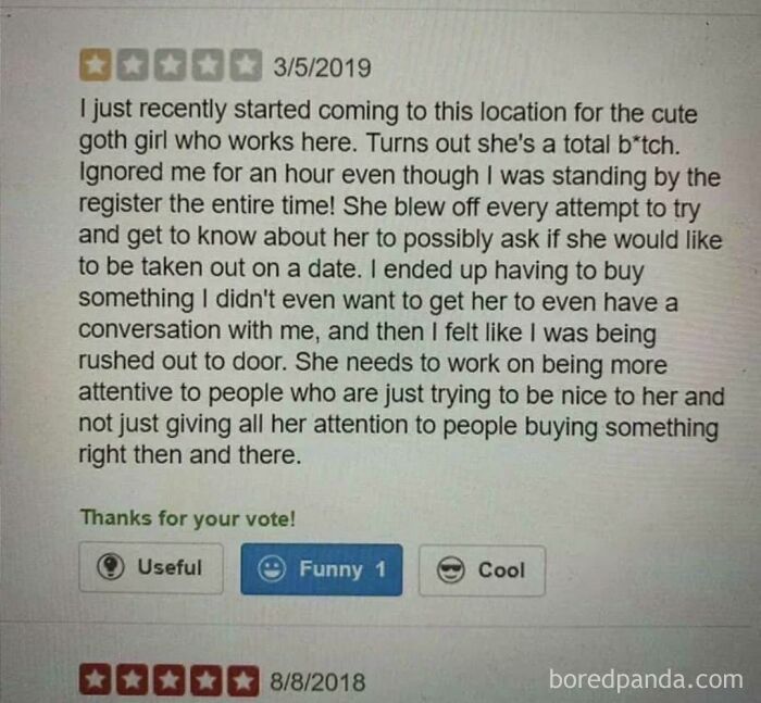 Customer review complaining about staff behavior, featured among absurd and entitled customer reviews online.