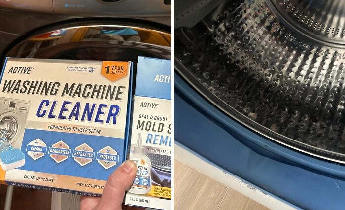 Washing machine cleaner and mold stain remover boxes held next to an open washing machine drum, affordable finds on Amazon.
