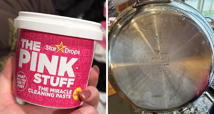Container of Pink Stuff cleaning paste held in hand next to a before-and-after image of a cleaned stainless steel pan on Amazon affordable finds.