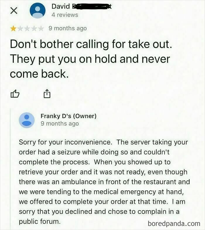 Customer leaves absurd review about takeout delay, restaurant owner explains medical emergency causing the issue in a funny response.