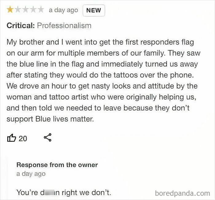 One-star entitled customer review about tattoo shop refusal over Blue Lives Matter flag support
