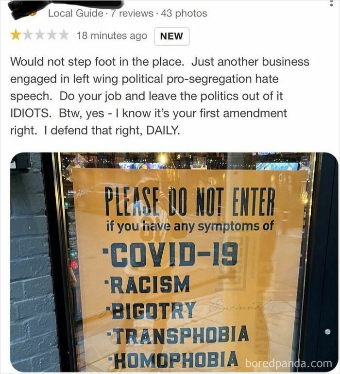 Entitled customer leaves absurd review criticizing business with sign banning COVID-19, racism, bigotry, transphobia, and homophobia.