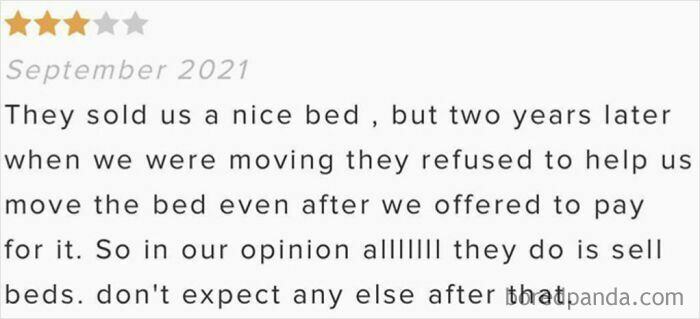 Three-star customer review from September 2021 showing an entitled customer's absurd complaint about a bed sale and moving help.