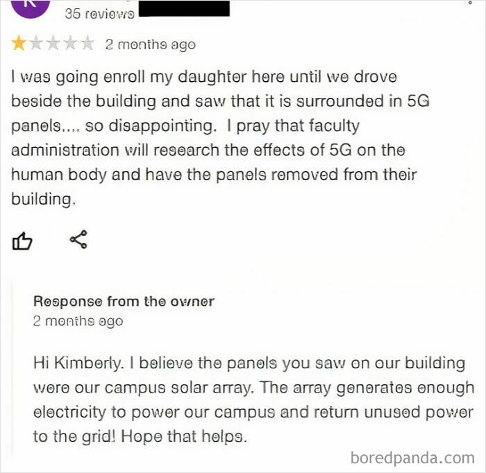 One-star customer review about 5G panels misunderstanding solar array, illustrating entitled customer absurd reviews.
