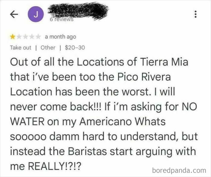 Screenshot of an entitled customer’s absurd review complaining about a coffee order at a Pico Rivera location.