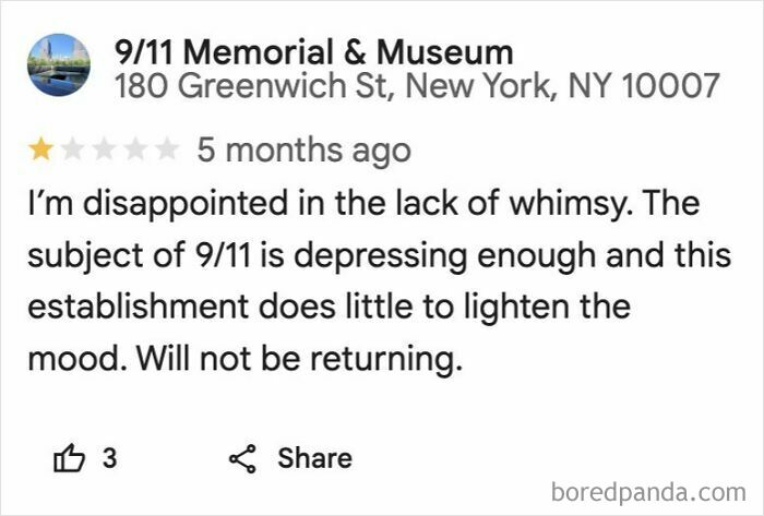 One-star absurd customer review of 9/11 Memorial & Museum showing entitled customer disappointment.