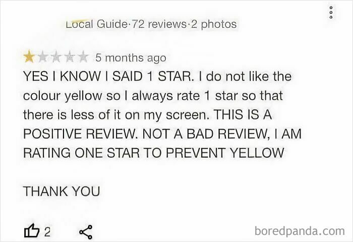 Customer leaving a one-star review to avoid yellow color, an example of entitled customers posting absurd reviews.