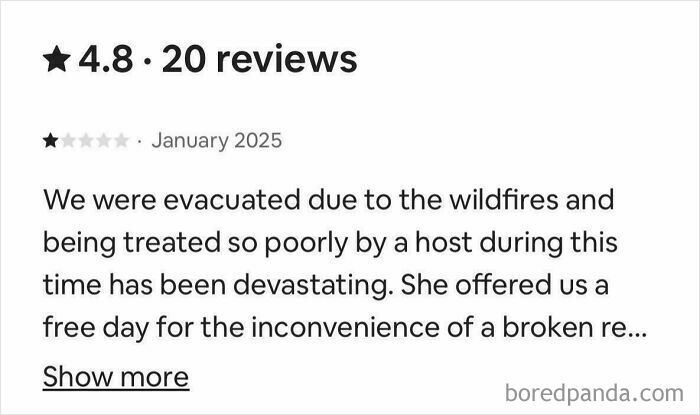 Customer review with 4.8 rating and 20 reviews showing a complaint about poor treatment during wildfire evacuation.