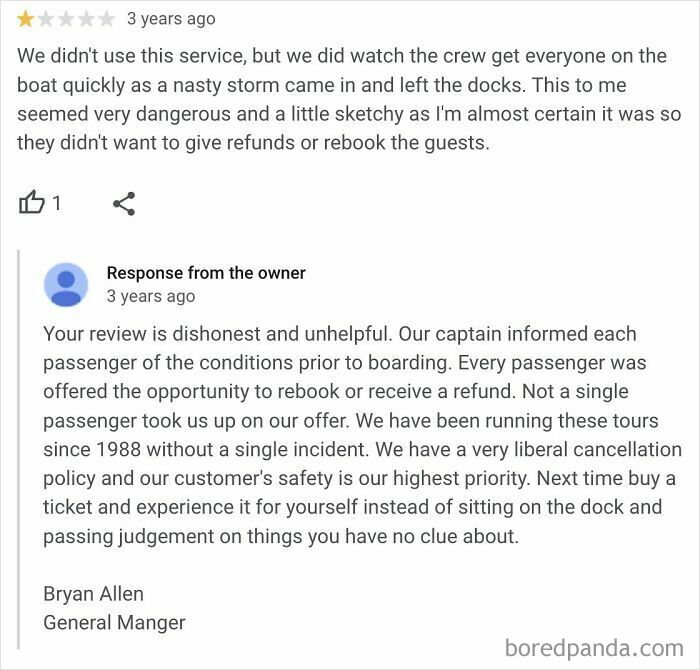 Customer review and owner response showcasing entitled customers leaving absurd reviews about a boat tour experience.
