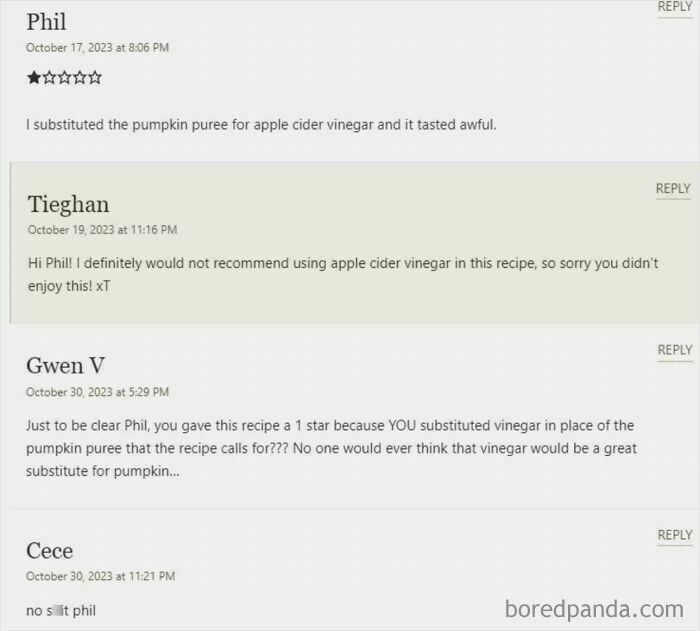 Entitled customers leaving absurd and ridiculous reviews arguing over recipe substitutions and ratings online.