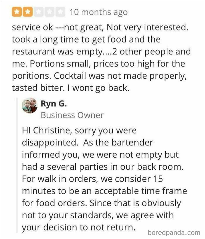 Two-star absurd customer review about slow service and small portions, with a calm business owner reply visible.
