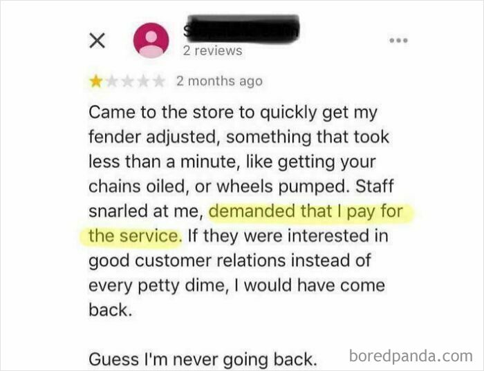 Screenshot of an absurd customer review complaining about paying for a quick bike service in entitled customer reviews.