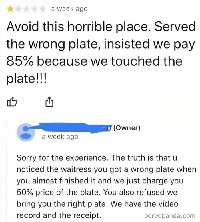One-star entitled customer review about wrong plate, owner responds with video proof in absurd customer review example
