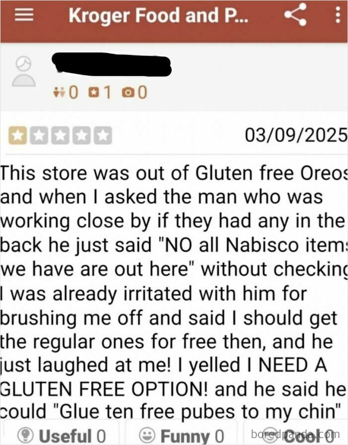 Screenshot of a one-star absurd customer review about a store being out of gluten free Oreos, illustrating entitled customer behavior.