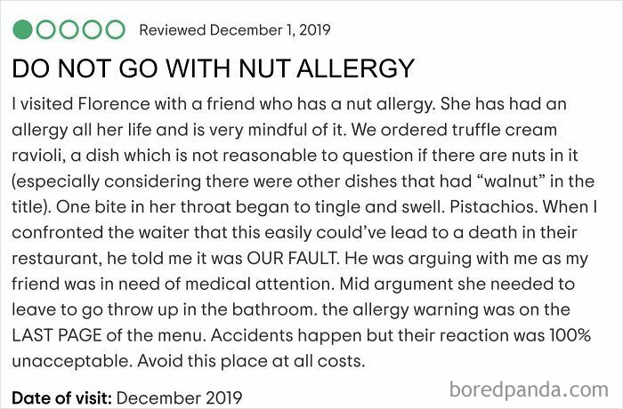 Customer review highlighting an allergy incident shows entitled customers leaving absurd reviews in a restaurant setting.