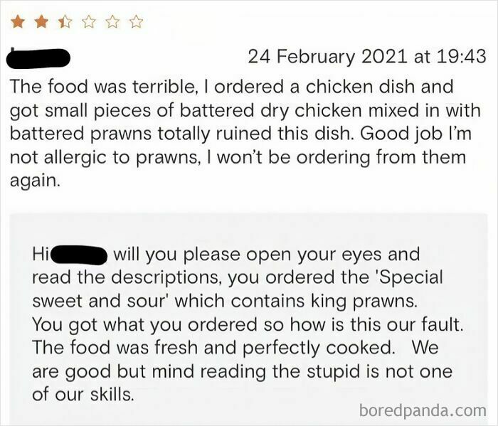 Entitled customer leaves absurd review about prawns in their dish, restaurant responds sarcastically to ridiculous complaint.