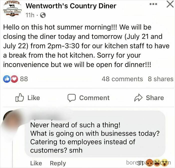 Screenshot of an entitled customer leaving an absurd review about a diner closing temporarily for staff breaks.