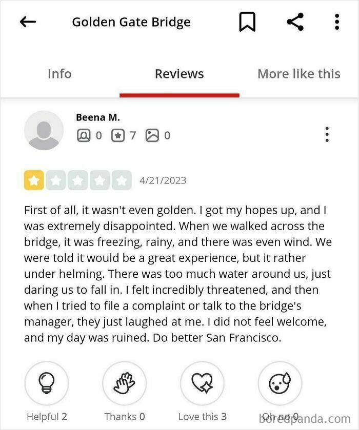Screenshot of an entitled customer review giving one star for a visit to Golden Gate Bridge with absurd complaints.