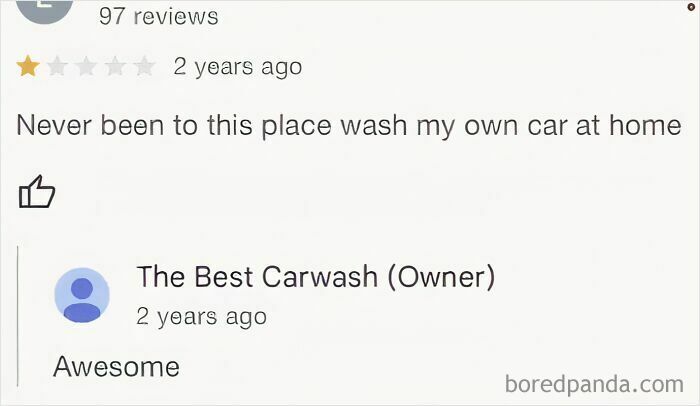 Customer leaves one-star review for carwash without visiting, representing absurd entitled customer reviews online.