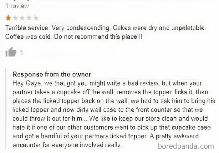 One-star absurd customer review with owner responding to ridiculous complaints about cupcakes and service quality.