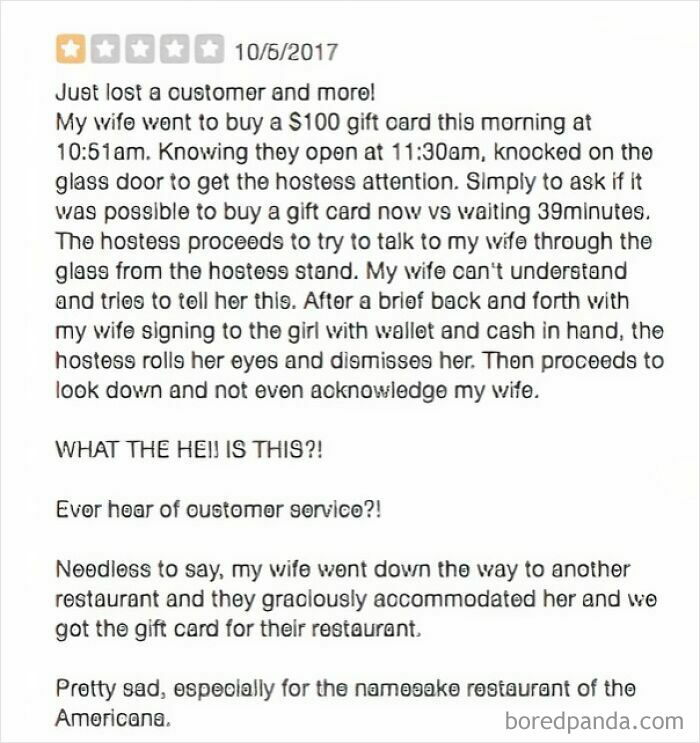 One-star customer review complaining about poor service and rude hostess when buying a $100 gift card.