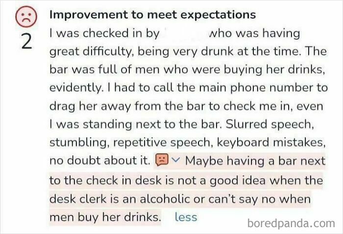 Review of a drunk bar clerk causing difficulties during check-in, highlighting entitled customers' absurd complaints.