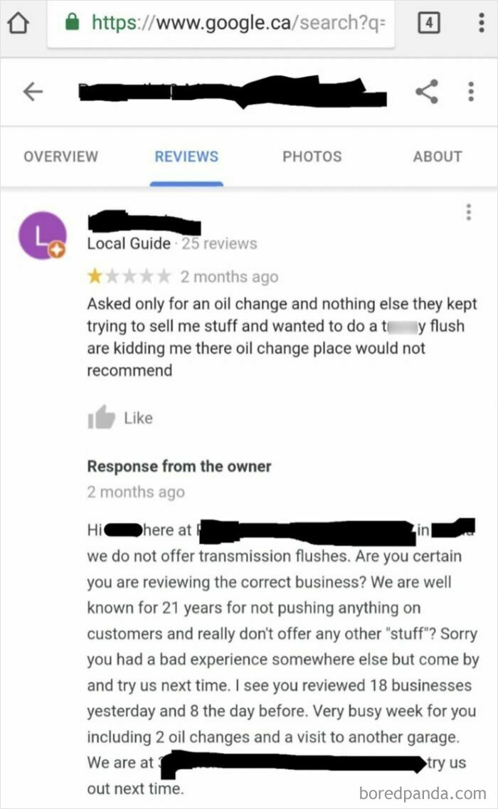 Screenshot of a ridiculuosly absurd customer review and owner response showing entitled customers leaving unreasonable feedback.