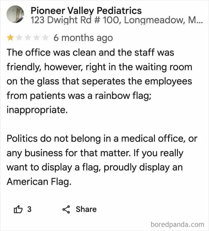One-star absurd customer review complaining about a rainbow flag in a medical office waiting room.