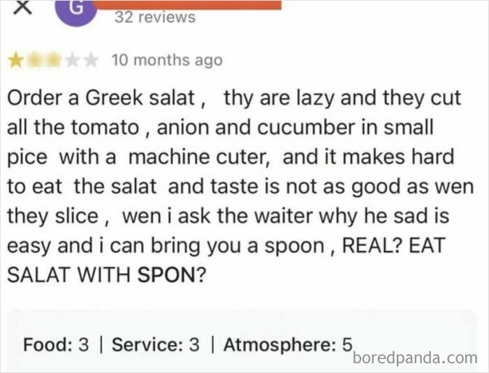 Customer review complaining about lazy salad preparation and poor taste, an example of entitled customers leaving absurd reviews.