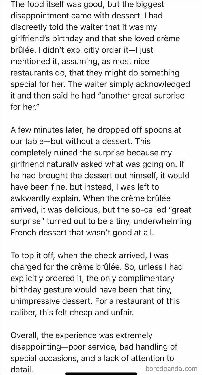 Customer review describing absurd dining experience with poor service and disappointing dessert in entitled customer complaints.