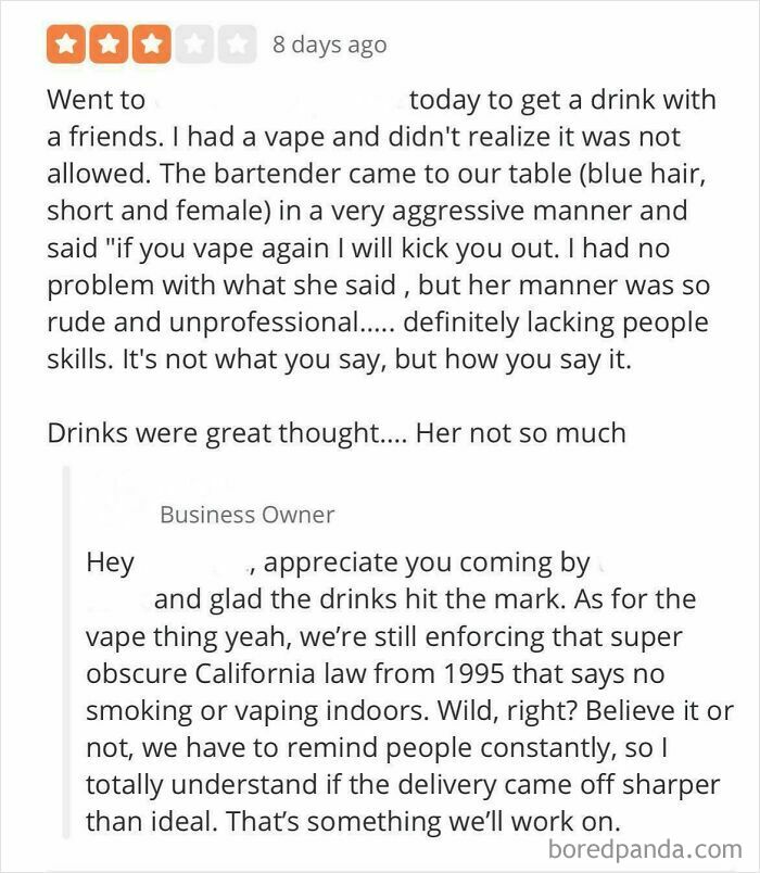 Customer review with a vape incident and business owner response showing entitled customers leaving absurd reviews.