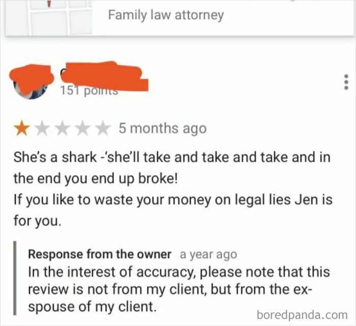 Entitled customer leaves absurd one-star review for family law attorney, owner clarifies ex-spouse wrote it.