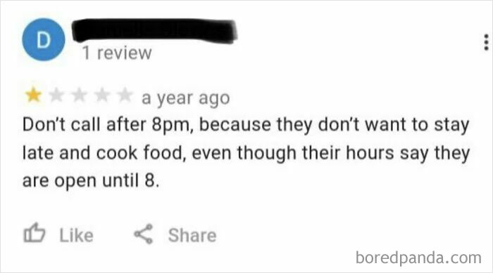 Customer review complaining about business hours and service, illustrating entitled customers and absurd reviews online.