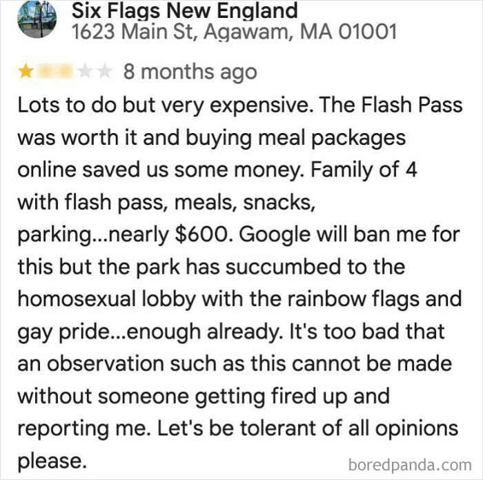 Review screenshot of Six Flags New England, highlighting an entitled customer’s absurd and controversial complaint about the park.
