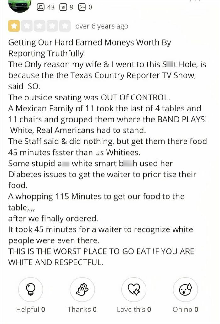 Negative customer review screenshot showing entitled customers leaving absurd and unreasonable complaints about service and seating.