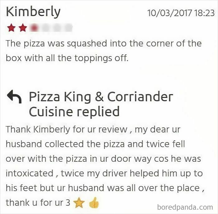 Customer review about squashed pizza with toppings off and restaurant reply showing absurd entitled customer behavior.